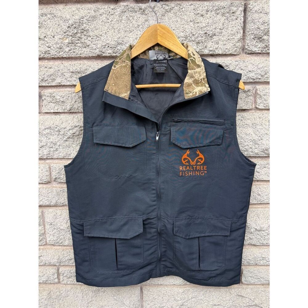 Realtree Black Fishing Vest with Camo Collar and Orange Logo